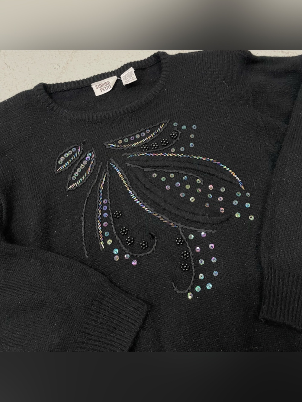 Vintage 90s Sequin Black Party Glamour Style Grandma Core Gothic Size S Sweater